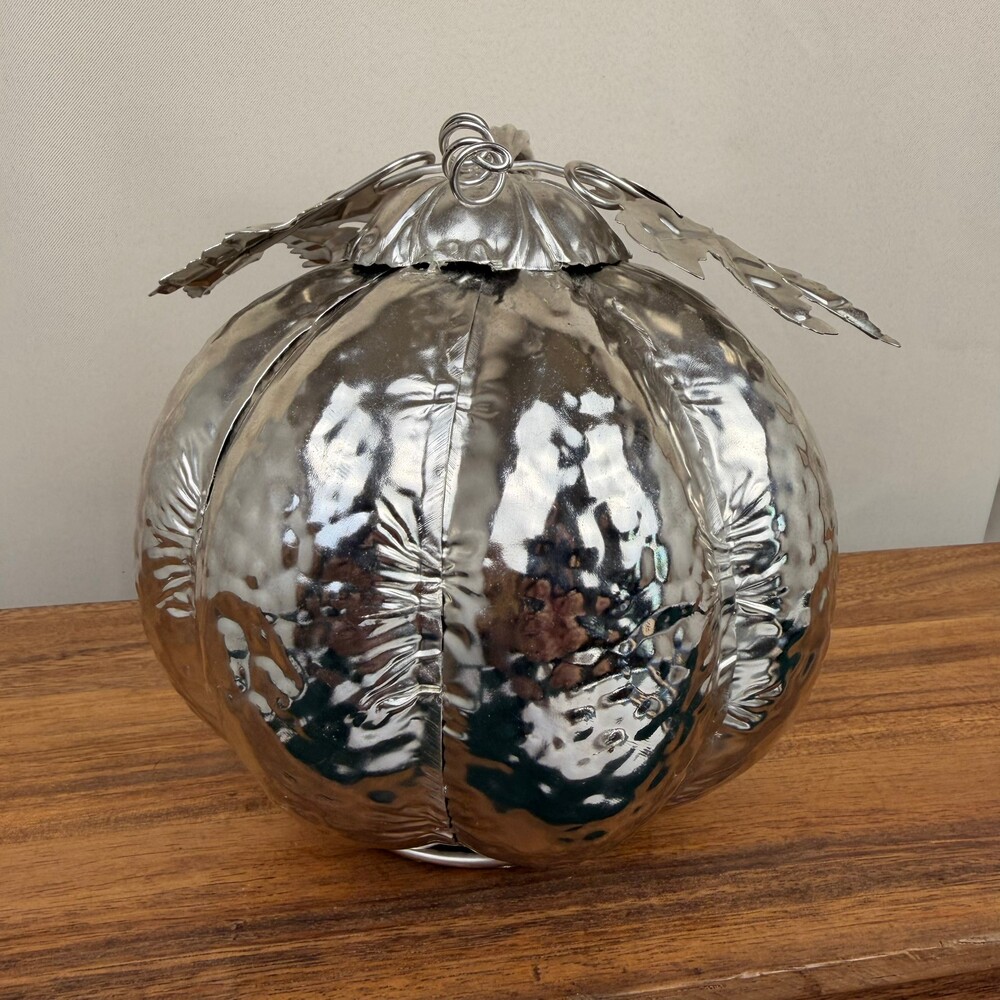 Vintage Silver Metal Pumpkin Decorative Hammered Metal Pumpkin Sculpture